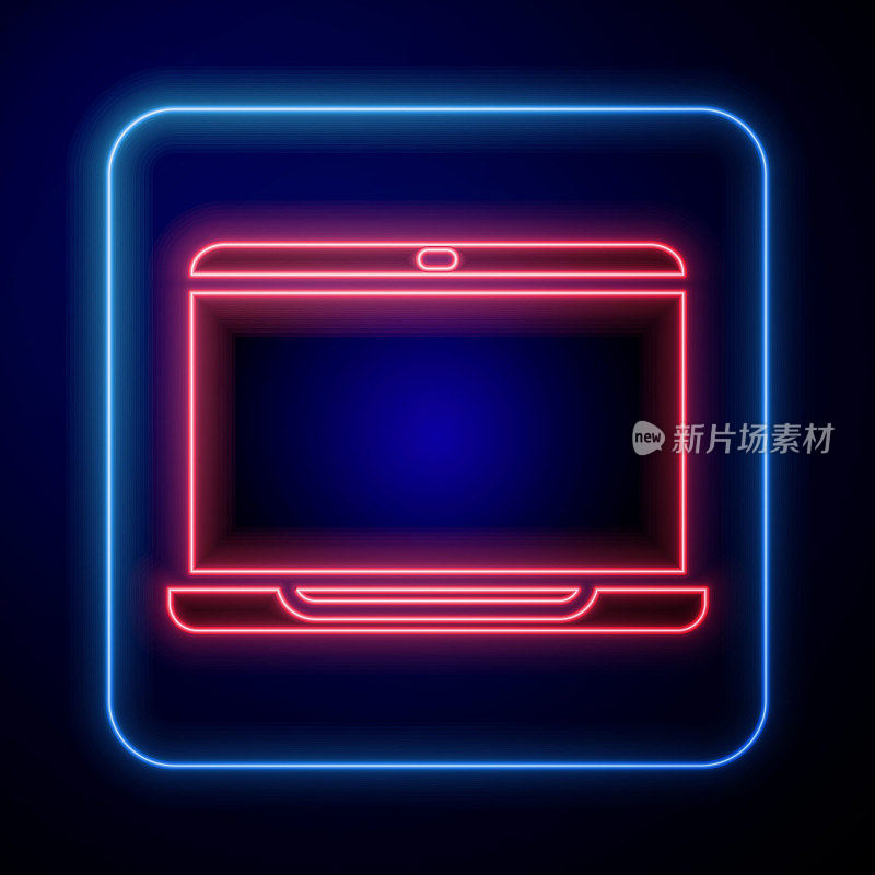 Glowing neon Laptop icon isolated on blue background. Computer notebook with empty screen sign. Vector Illustration